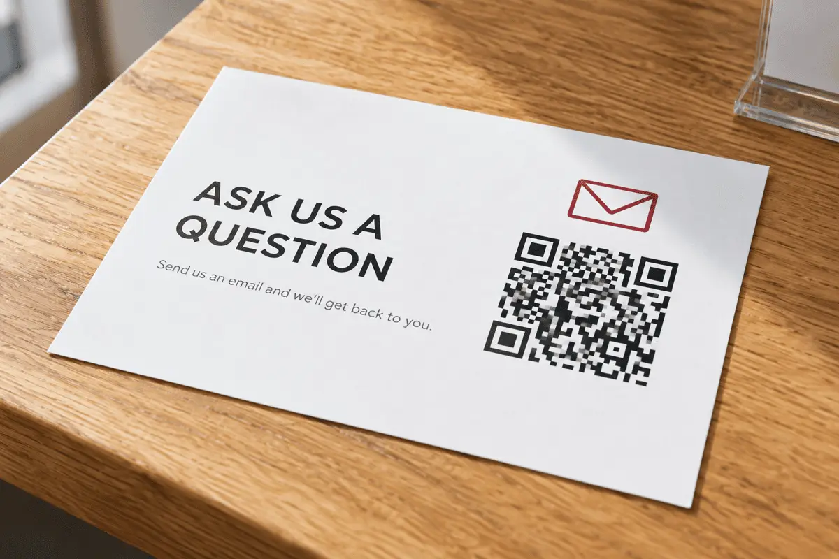 A printed A5 flyer on a wooden counter with a QR Code beside the heading Ask us a question