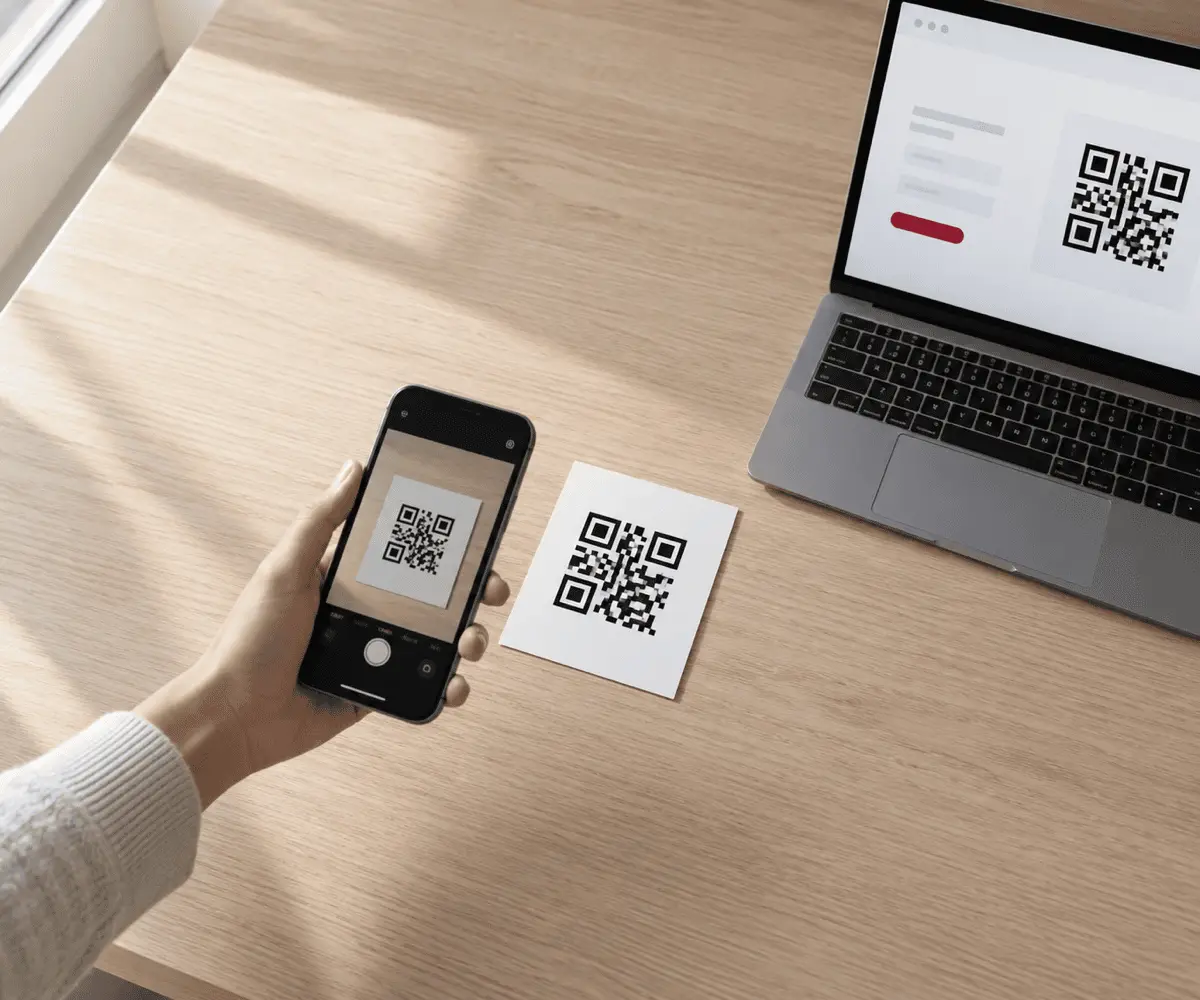 A desk from above with a phone scanning a printed card that carries a black QR Code, next to a laptop showing the QRCodeDojo generator