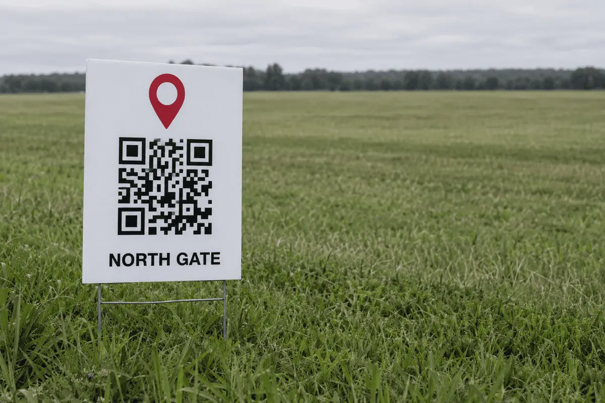 A weatherproof sign staked in grass at a festival site showing a QR Code labelled North Gate