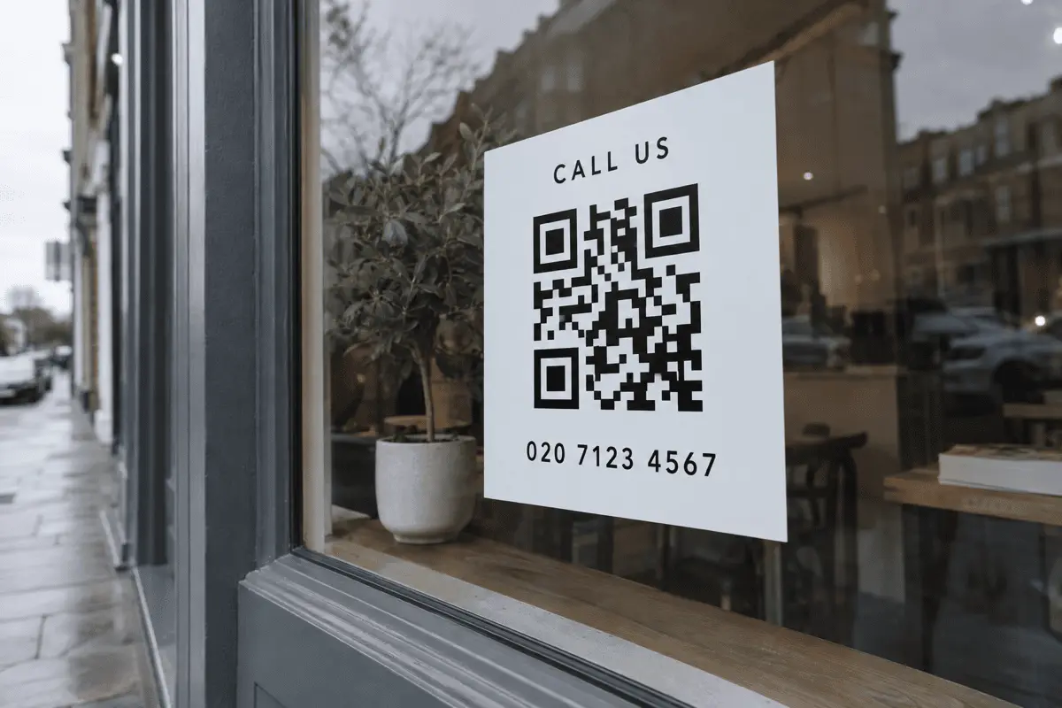 A vinyl decal on a shop window showing a QR Code above a printed phone number, photographed from the pavement