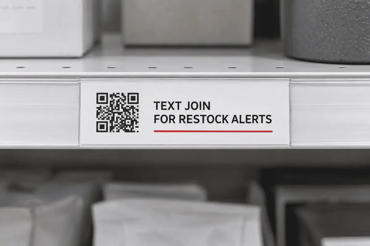 A retail shelf edge label with a small QR Code and the words Text JOIN for restock alerts