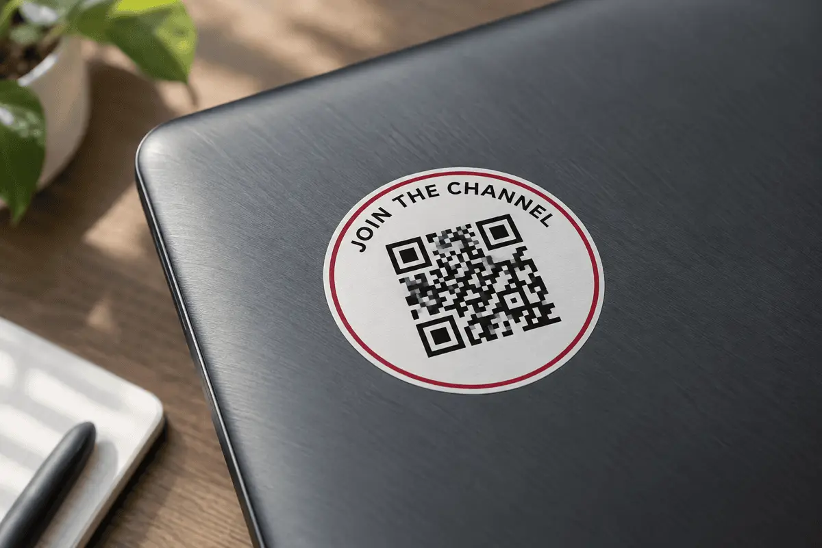 A round vinyl sticker on a laptop lid showing a QR Code and the words Join the channel