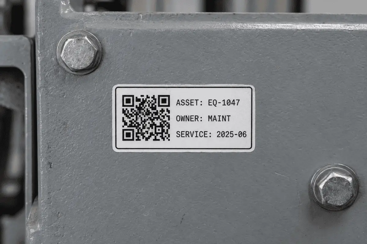 A small durable label on a piece of grey workshop equipment showing a QR Code and an asset number