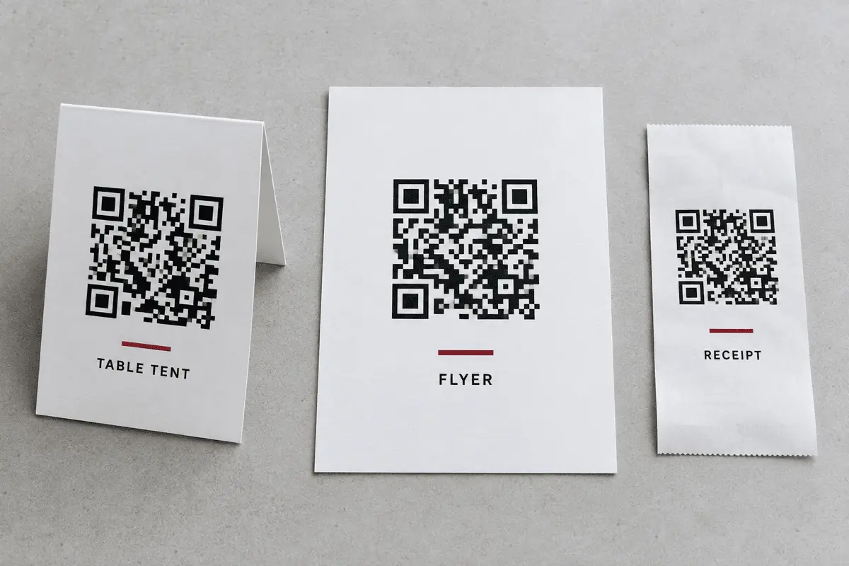 Three printed pieces side by side on a desk — a table tent, a flyer and a receipt — each with a different QR Code