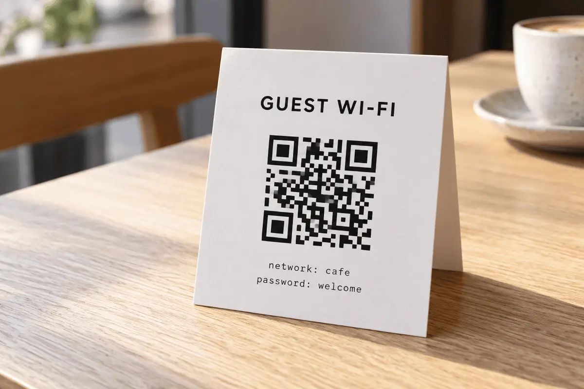 A small printed table card on a café table showing a QR Code, the network name and the password in readable type