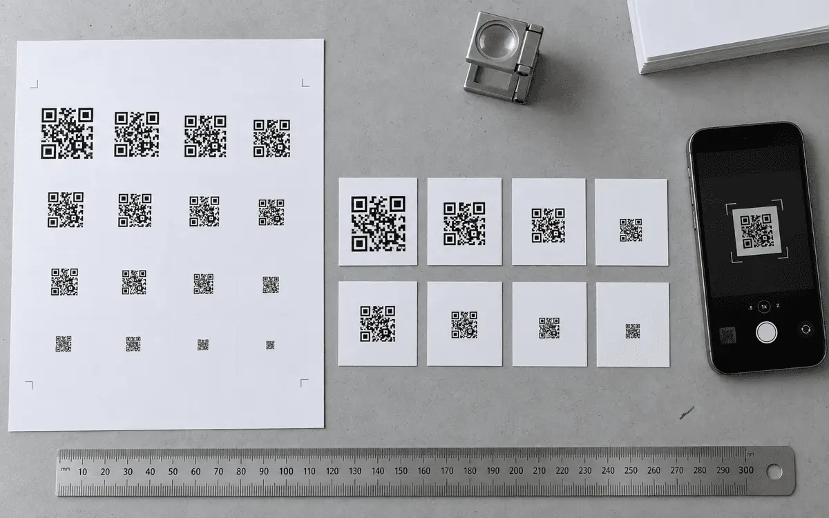 A tidy workbench with printed test cards, a laser printer proof sheet, a loupe and a phone mid-scan